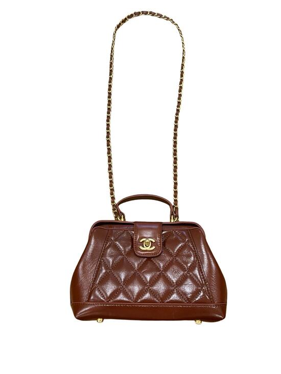 CHANEL Handbags - Chanel Brown Quilted Leather Mini Top Handle Bag Gold CC Chain Crossbody Italy